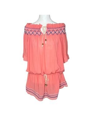 Smocked Neck Top Size M Embroidered Tie Tassel Tunic Beach Boho Cover-Up Coastal